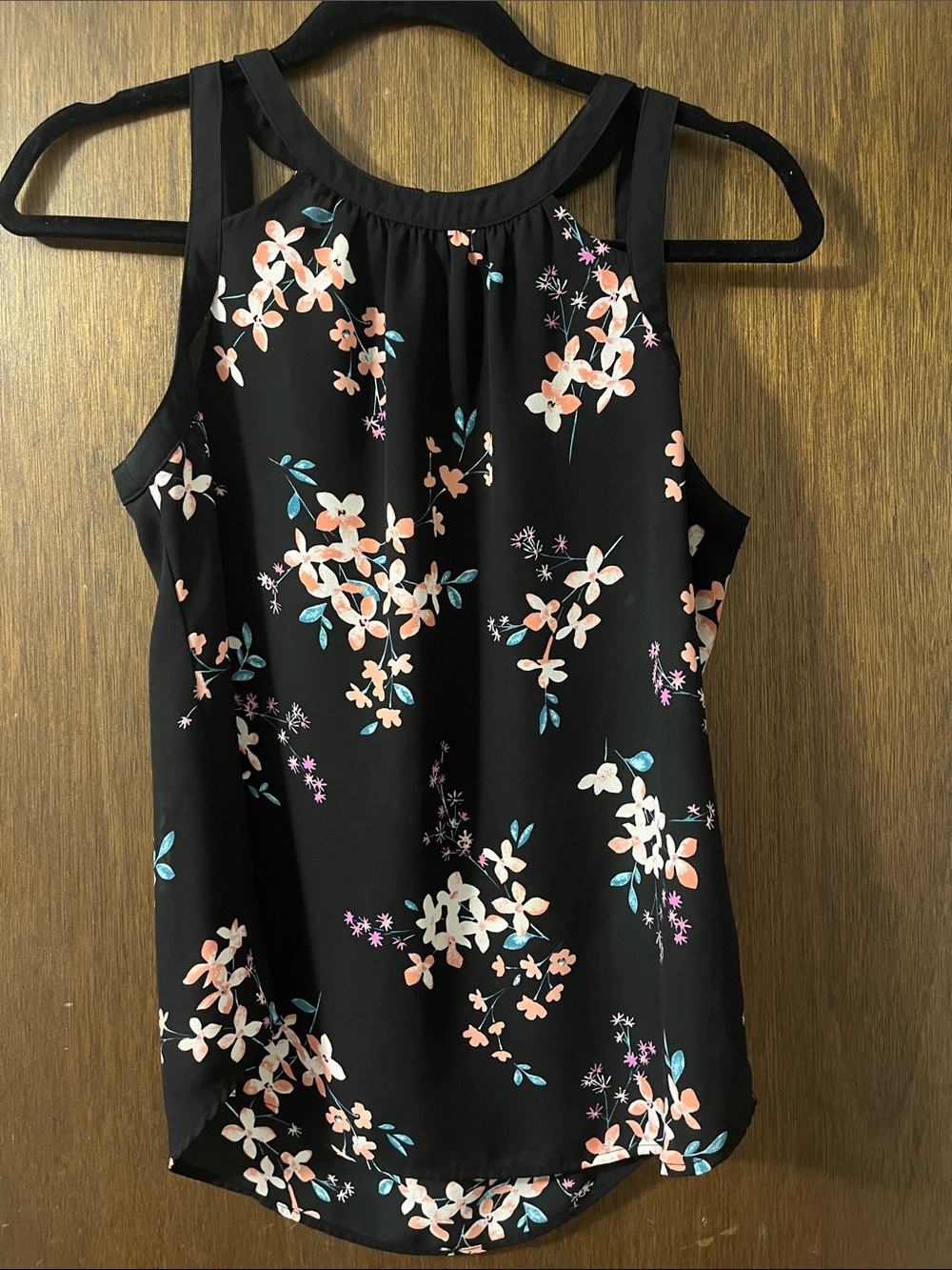 Candie's Black Floral High-Neck Tank Top - Peach & Teal Accents